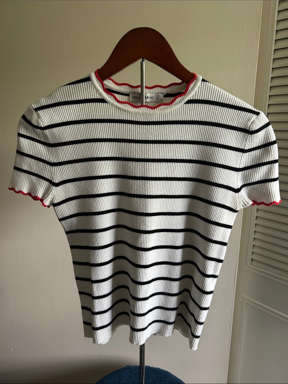 Zara Black and White Striped Top with Red Trim